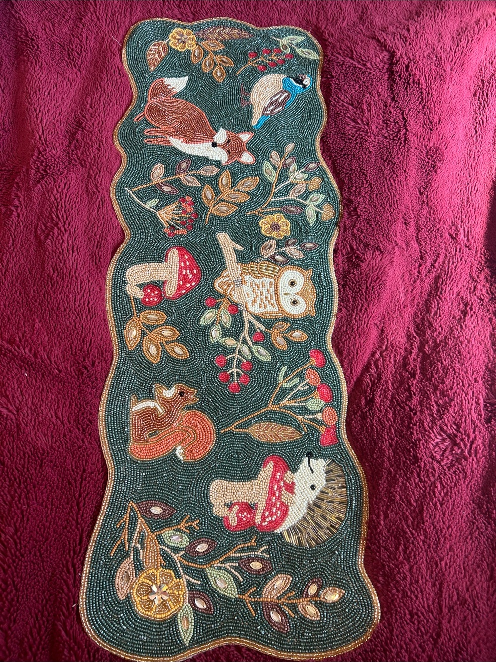 Cost Plus World Market Handcrafted Forest Animal Beaded Table Runner